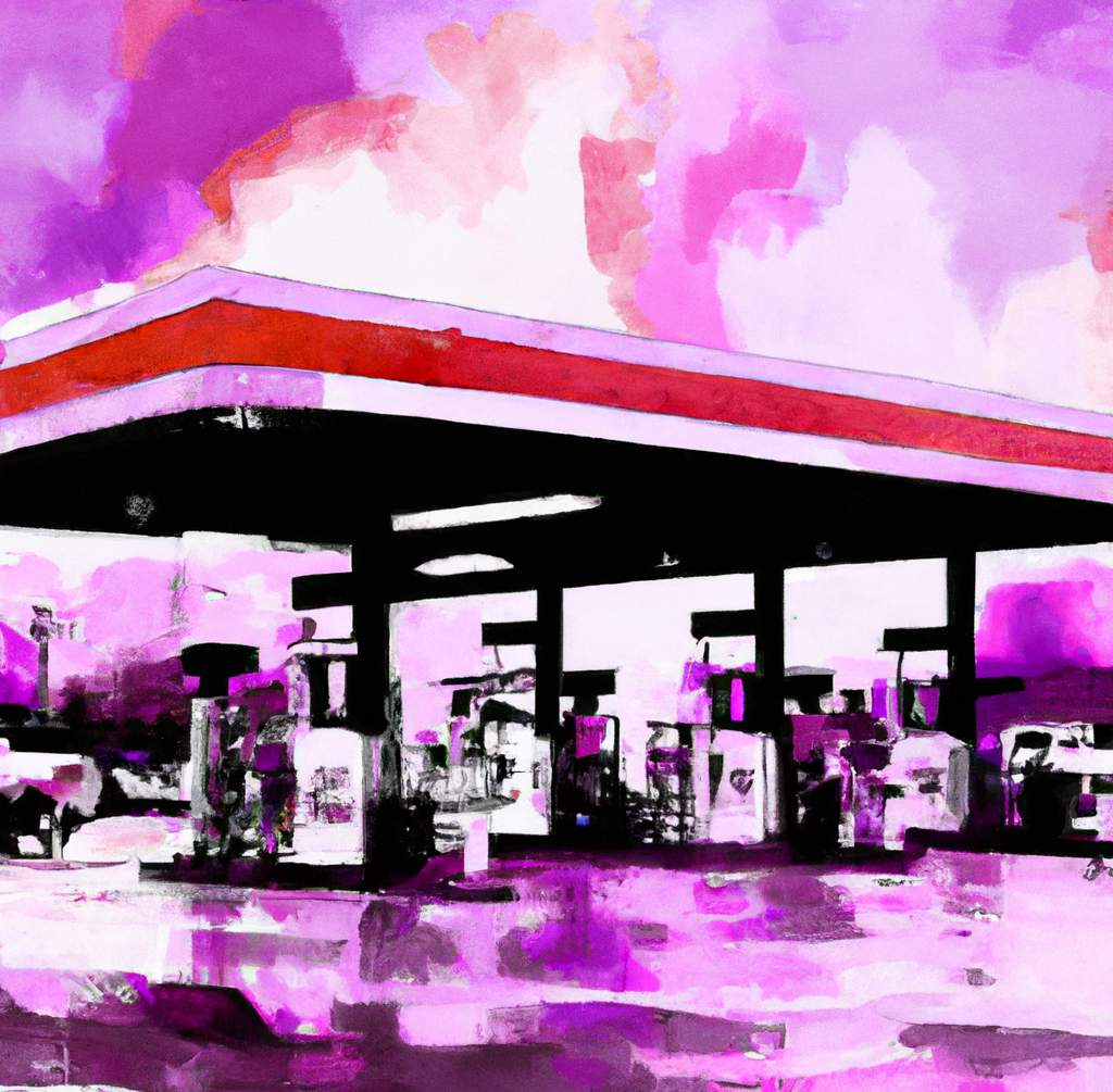 Digital Art, Detailed Watercolor In Black, Purple, Orange, Pink, And White Of A Truckstop Gas Station
