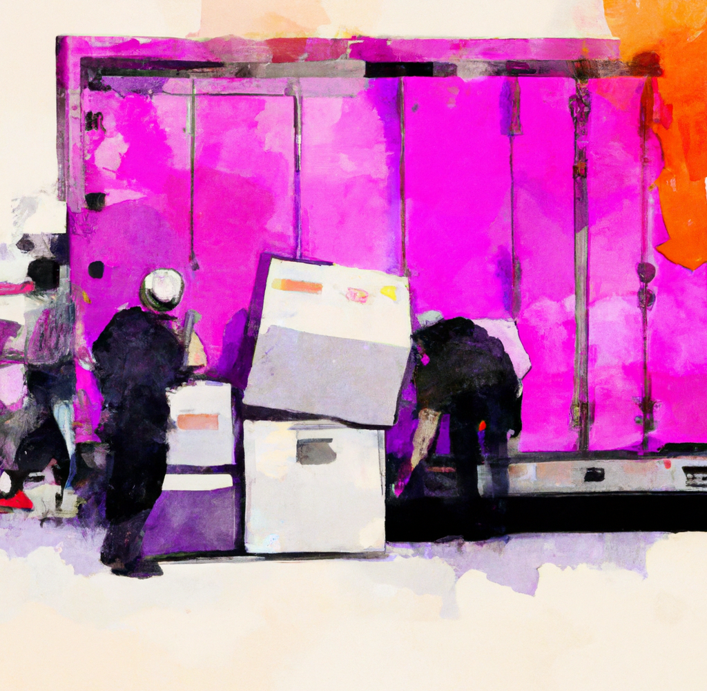 Digital Art, Detailed Watercolor Drawing In Purple, Pink, Orange, And White, Of People Working Loading A Truck With Large Boxes