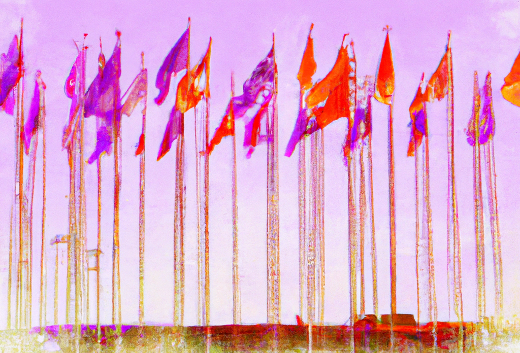 Digital Art, Detailed Watercolor In Purple, Pink, Orange, White Of A Field Of Flagpoles And Flags